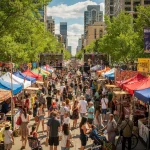 A lively street market or festival with colorful canopies covering numerous stalls on both sides of the street. A large crowd of people is walking along, browsing the stalls. Live performers can be seen on a stage in the background, with buildings and trees flanking the vibrant scene.