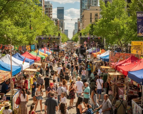 A lively street market or festival with colorful canopies covering numerous stalls on both sides of the street. A large crowd of people is walking along, browsing the stalls. Live performers can be seen on a stage in the background, with buildings and trees flanking the vibrant scene.