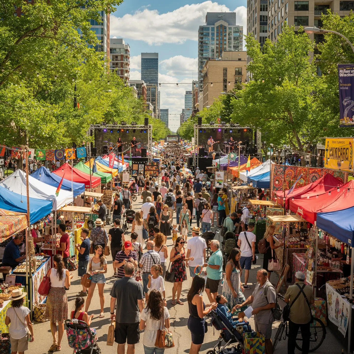 A lively street market or festival with colorful canopies covering numerous stalls on both sides of the street. A large crowd of people is walking along, browsing the stalls. Live performers can be seen on a stage in the background, with buildings and trees flanking the vibrant scene.