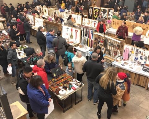 A bustling indoor market or craft fair with people browsing various stalls filled with handmade crafts, jewelry, art, and decorative items. Shoppers are engaging with vendors and exploring products in a lively atmosphere.
