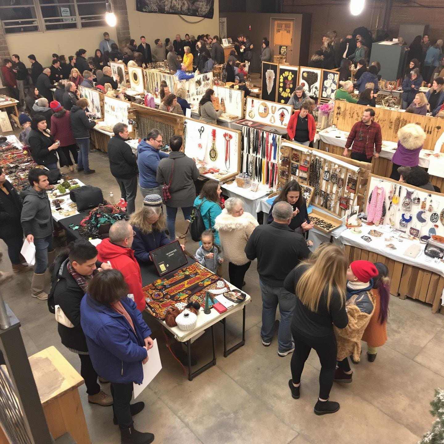 A bustling indoor market or craft fair with people browsing various stalls filled with handmade crafts, jewelry, art, and decorative items. Shoppers are engaging with vendors and exploring products in a lively atmosphere.