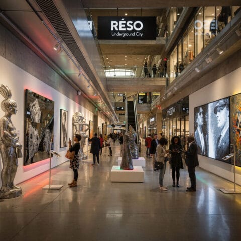 A modern interior space in the RÉSO Underground City featuring sculptures and artworks displayed along the walls. Several people are walking around, viewing the exhibits. The open design includes multiple levels, escalators, and a clean, contemporary aesthetic.