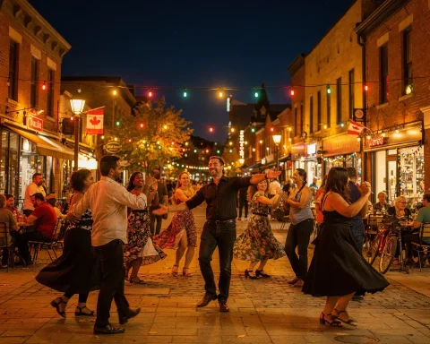 A vibrant evening street scene featuring a group of people dancing in the middle of a street adorned with colorful string lights. The street is lined with shops and outdoor cafes, where people are sitting at tables, enjoying the festive and cheerful atmosphere. Some dancers are wearing dresses, adding to the lively ambiance.