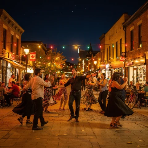 A vibrant evening street scene featuring a group of people dancing in the middle of a street adorned with colorful string lights. The street is lined with shops and outdoor cafes, where people are sitting at tables, enjoying the festive and cheerful atmosphere. Some dancers are wearing dresses, adding to the lively ambiance.