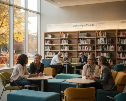 An interior view of a library with several people seated in small groups, conversing. Large windows reveal trees outside, and bookshelves line the walls, creating a comfortable and inviting atmosphere for reading or meetings.