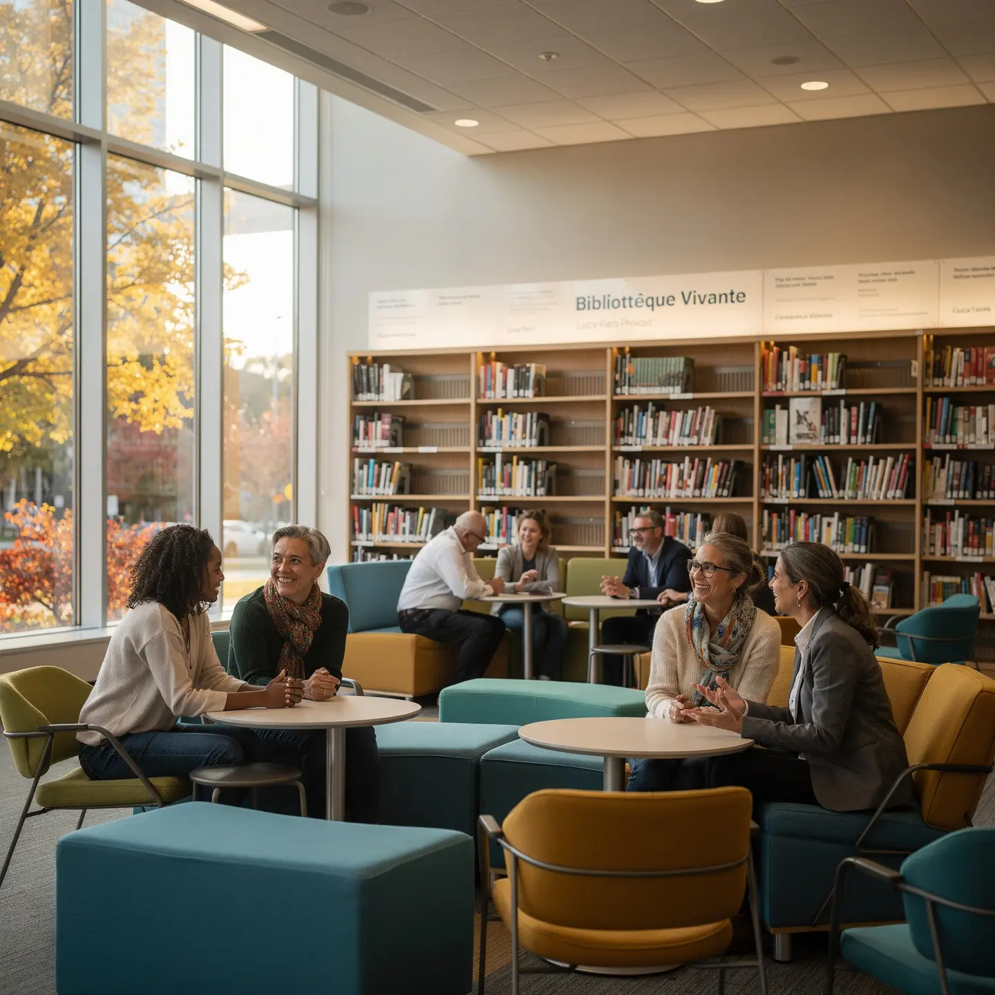 An interior view of a library with several people seated in small groups, conversing. Large windows reveal trees outside, and bookshelves line the walls, creating a comfortable and inviting atmosphere for reading or meetings.