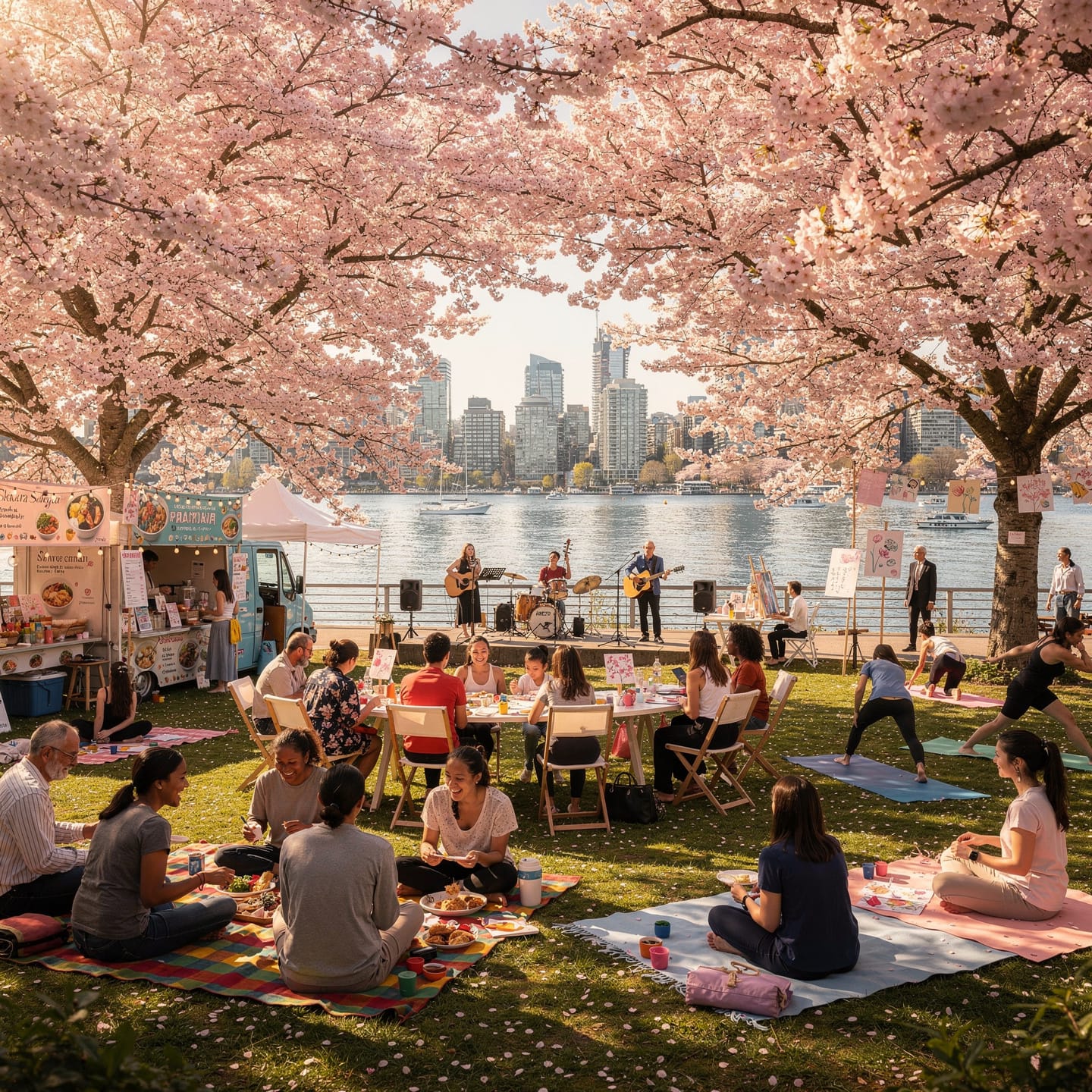 A lively outdoor scene featuring blooming cherry blossom trees. People are enjoying picnics on the grass, practicing yoga on mats, and sitting at tables. In the background, a band is performing music near a food truck, while others stand nearby. The area is set near a body of water, with a city skyline visible in the distance. The atmosphere is festive and relaxed.