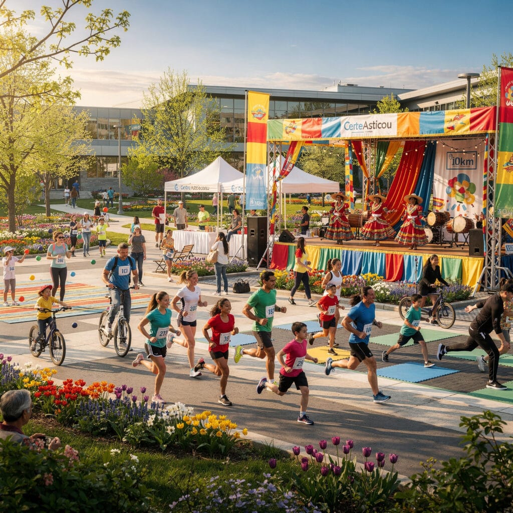 A vibrant outdoor event showcasing a running race with participants wearing bib numbers and some people cycling. A nearby stage features dancers in colorful traditional attire, performing amidst decorative elements and lush, blooming flowers, creating a festive and lively atmosphere.