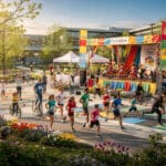 A vibrant outdoor event showcasing a running race with participants wearing bib numbers and some people cycling. A nearby stage features dancers in colorful traditional attire, performing amidst decorative elements and lush, blooming flowers, creating a festive and lively atmosphere.