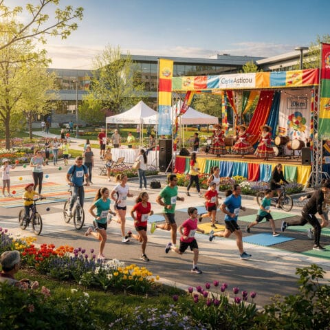 A vibrant outdoor event showcasing a running race with participants wearing bib numbers and some people cycling. A nearby stage features dancers in colorful traditional attire, performing amidst decorative elements and lush, blooming flowers, creating a festive and lively atmosphere.