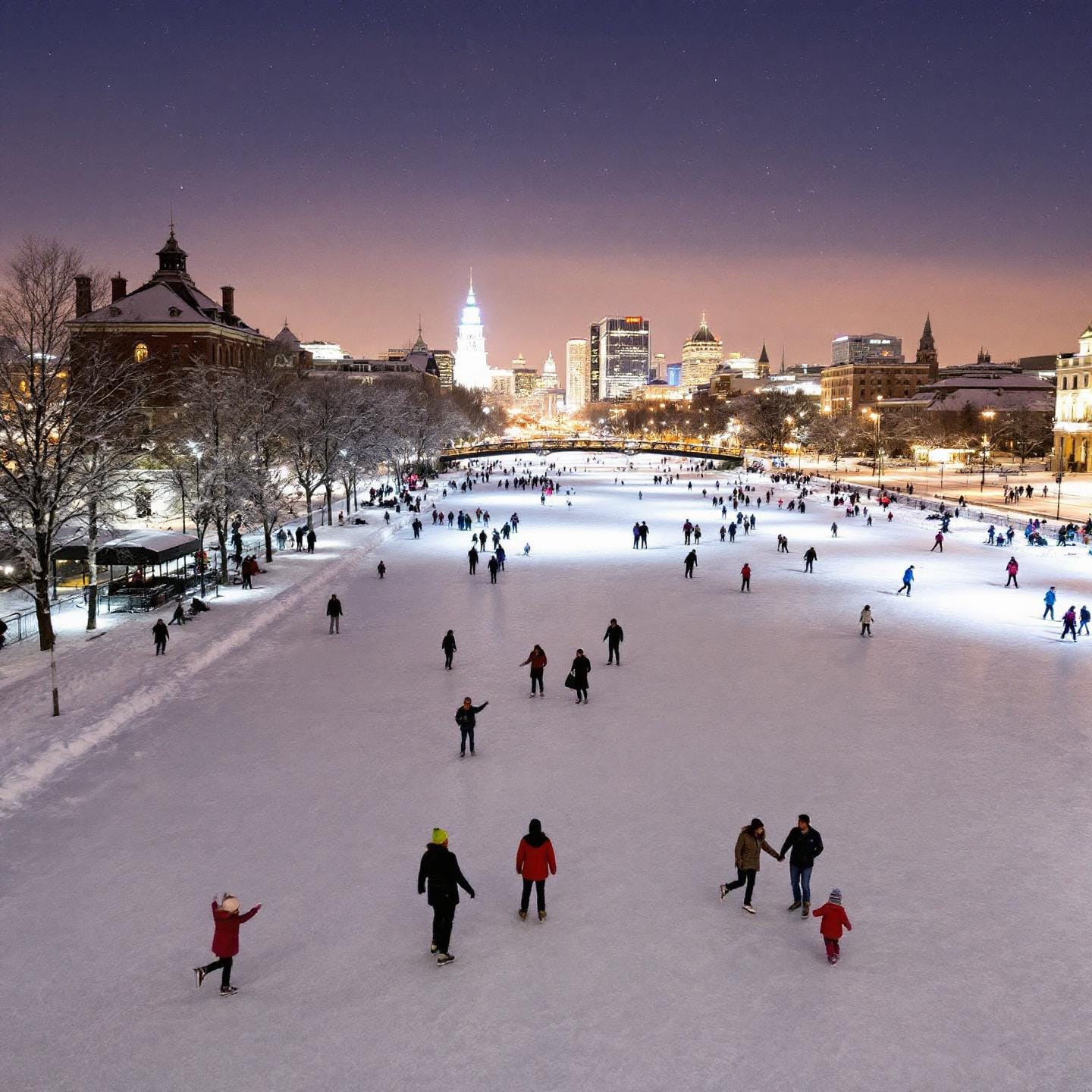 A vibrant winter scene featuring many people ice skating on a large outdoor rink surrounded by snow-covered trees and buildings. The city skyline is visible in the background, and the rink is illuminated by lights, suggesting it is evening.