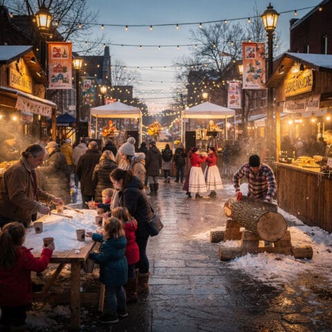 A vibrant outdoor winter market filled with wooden stalls adorned with lights and decorations. Families and visitors are enjoying food, drinks, and a live musical performance on a stage. Overhead, festive string lights create a warm ambiance. A person is using a saw on a log, adding a rustic touch to the holiday atmosphere.