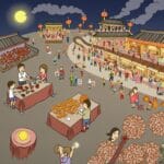 A festive and bustling night market scene celebrating the Mid-Autumn Festival. The image features people engaging in various activities, such as selling and buying mooncakes and traditional goods from brightly lit stalls. Red lanterns hang overhead, illuminating the area, with traditional East Asian architecture in the background. Cultural activities are underway, and a full moon shines brightly in the sky, adding to the cheerful and festive atmosphere.