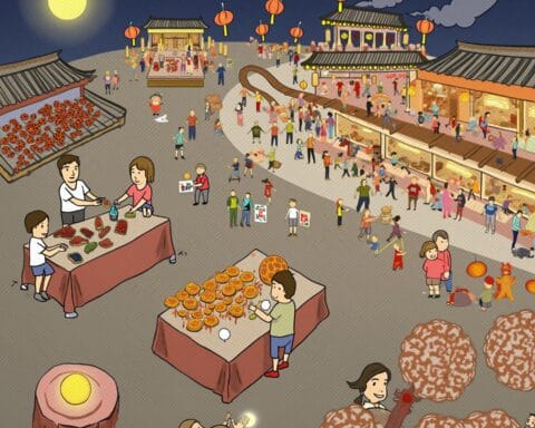 A festive and bustling night market scene celebrating the Mid-Autumn Festival. The image features people engaging in various activities, such as selling and buying mooncakes and traditional goods from brightly lit stalls. Red lanterns hang overhead, illuminating the area, with traditional East Asian architecture in the background. Cultural activities are underway, and a full moon shines brightly in the sky, adding to the cheerful and festive atmosphere.