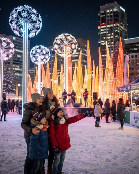 A lively outdoor scene at night featuring a family posing for a photo amidst decorative lights shaped like large dandelions and orange illuminated tree-like structures. A band performs on a stage as people gather around, and snow covers the ground. Illuminated buildings are visible in the background, contributing to the festive winter atmosphere.