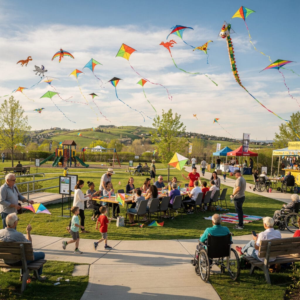 A vibrant outdoor scene in a park during a kite festival. The sky is filled with colorful kites of various shapes and sizes. A crowd of people, including children, adults, and individuals in wheelchairs, are enjoying the event. Some are gathered at picnic tables, others are seated on benches, and a playground is visible in the background. Tents and rolling green hills enhance the festive atmosphere under a partly cloudy sky.