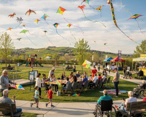 A vibrant outdoor scene in a park during a kite festival. The sky is filled with colorful kites of various shapes and sizes. A crowd of people, including children, adults, and individuals in wheelchairs, are enjoying the event. Some are gathered at picnic tables, others are seated on benches, and a playground is visible in the background. Tents and rolling green hills enhance the festive atmosphere under a partly cloudy sky.