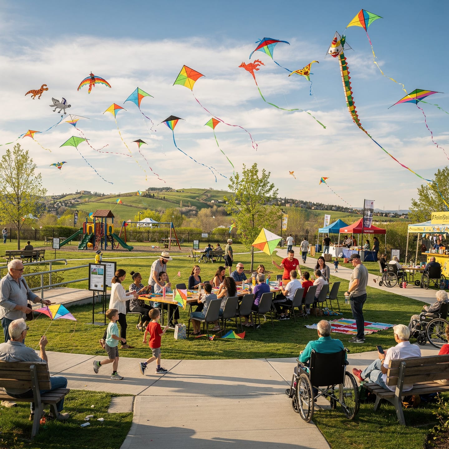 A vibrant outdoor scene in a park during a kite festival. The sky is filled with colorful kites of various shapes and sizes. A crowd of people, including children, adults, and individuals in wheelchairs, are enjoying the event. Some are gathered at picnic tables, others are seated on benches, and a playground is visible in the background. Tents and rolling green hills enhance the festive atmosphere under a partly cloudy sky.