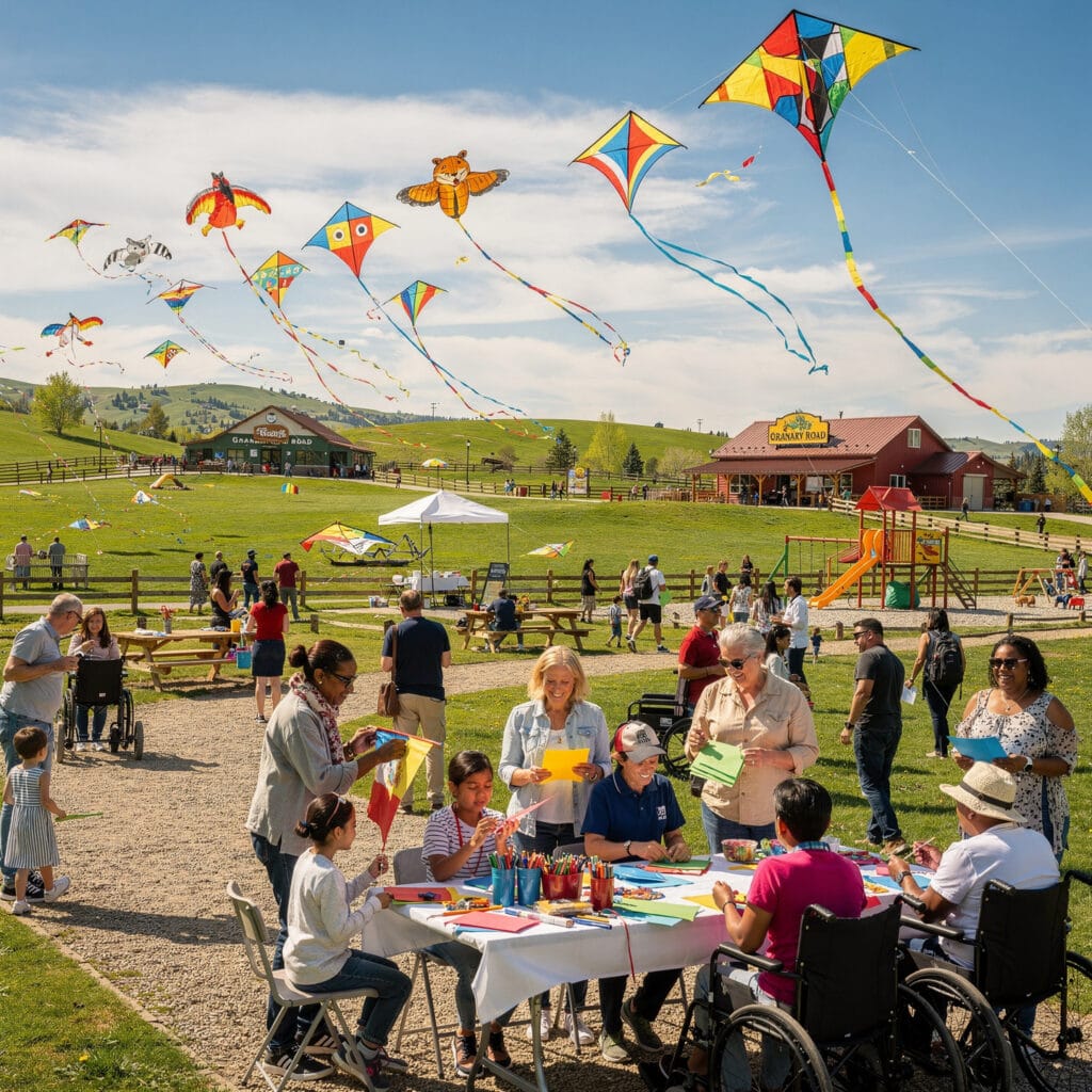 A lively outdoor scene of a kite festival with colorful kites of various shapes flying in a blue sky. People of all ages, including some in wheelchairs, are seated at tables doing crafts or drawing. The event is set in grassy fields with picnic tables and a play area featuring a slide. In the background, rolling hills and buildings enhance the festive community atmosphere.