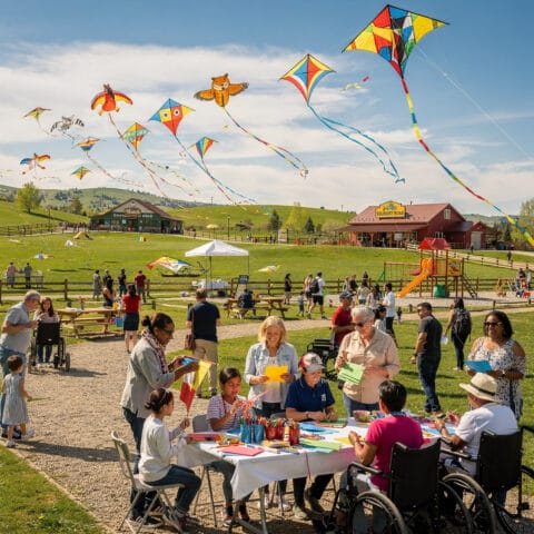 A lively outdoor scene of a kite festival with colorful kites of various shapes flying in a blue sky. People of all ages, including some in wheelchairs, are seated at tables doing crafts or drawing. The event is set in grassy fields with picnic tables and a play area featuring a slide. In the background, rolling hills and buildings enhance the festive community atmosphere.