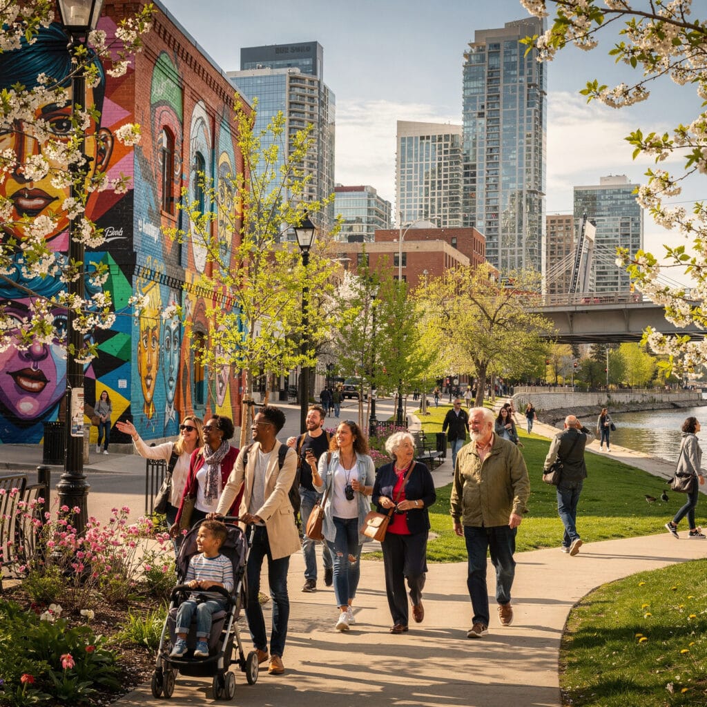A vibrant urban scene with people walking along a riverside path, including a child in a stroller. The area is surrounded by lush greenery and flowering trees. In the background, a colorful mural adorns a building, with high-rise buildings visible, all under a bright, cheerful sky indicating a pleasant day.