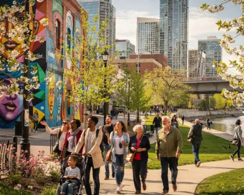 A vibrant urban scene with people walking along a riverside path, including a child in a stroller. The area is surrounded by lush greenery and flowering trees. In the background, a colorful mural adorns a building, with high-rise buildings visible, all under a bright, cheerful sky indicating a pleasant day.