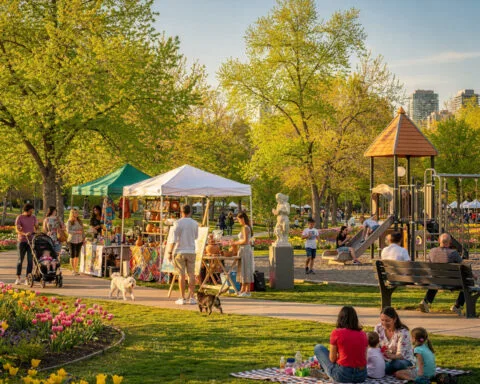 A vibrant park scene featuring people enjoying various activities. There are canopies set up for a market or fair, where visitors browse displayed items. In the foreground, a group has a picnic on the grass. Other individuals, including those with children and pets, are walking around. In the background, children play on a playground. The park is decorated with colorful flowers, surrounded by lush trees, and set under a clear blue sky.