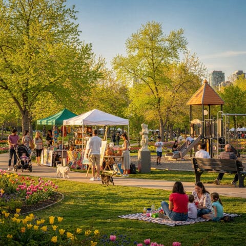 A vibrant park scene featuring people enjoying various activities. There are canopies set up for a market or fair, where visitors browse displayed items. In the foreground, a group has a picnic on the grass. Other individuals, including those with children and pets, are walking around. In the background, children play on a playground. The park is decorated with colorful flowers, surrounded by lush trees, and set under a clear blue sky.