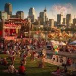 A lively Canada Day 2026 celebration featuring musicians performing on stage, a crowd with Canadian flags, traditional attire, and colorful balloons. The backdrop shows a city skyline, fireworks lighting up the sky, and a large decorative dragon structure near a river, creating a festive atmosphere.