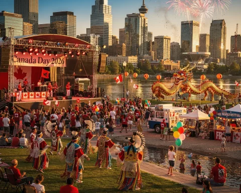 A lively Canada Day 2026 celebration featuring musicians performing on stage, a crowd with Canadian flags, traditional attire, and colorful balloons. The backdrop shows a city skyline, fireworks lighting up the sky, and a large decorative dragon structure near a river, creating a festive atmosphere.
