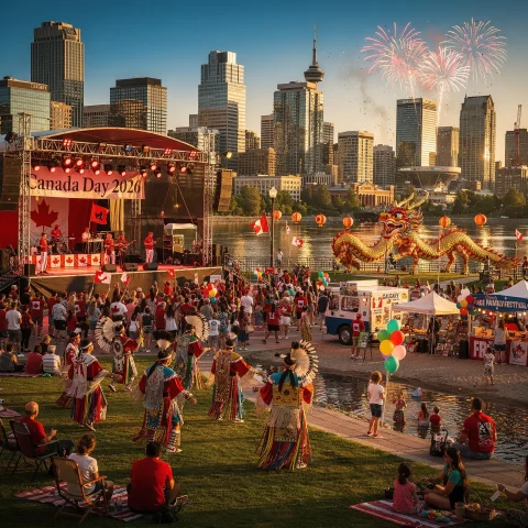 A lively Canada Day 2026 celebration featuring musicians performing on stage, a crowd with Canadian flags, traditional attire, and colorful balloons. The backdrop shows a city skyline, fireworks lighting up the sky, and a large decorative dragon structure near a river, creating a festive atmosphere.