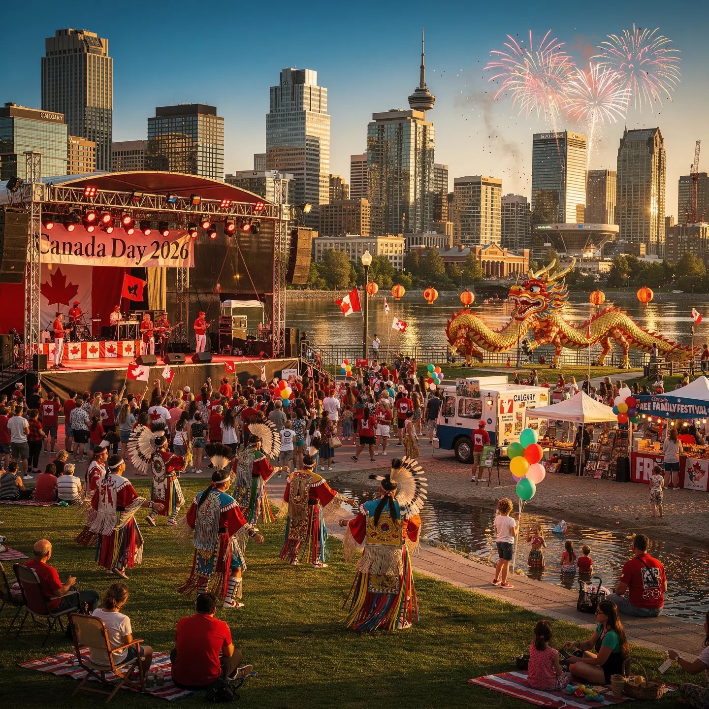 A lively Canada Day 2026 celebration featuring musicians performing on stage, a crowd with Canadian flags, traditional attire, and colorful balloons. The backdrop shows a city skyline, fireworks lighting up the sky, and a large decorative dragon structure near a river, creating a festive atmosphere.