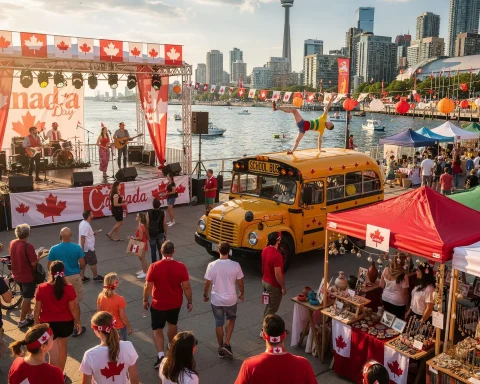 A lively Canada Day celebration by a waterfront, featuring a decorated stage with a live band performing in front of a crowd wearing red and white, many with Canadian flags. A vintage yellow school bus with someone performing a handstand on its roof stands out among various stalls selling items. The background showcases boats on the water and a city skyline with notable landmarks, completing the vibrant festival atmosphere.