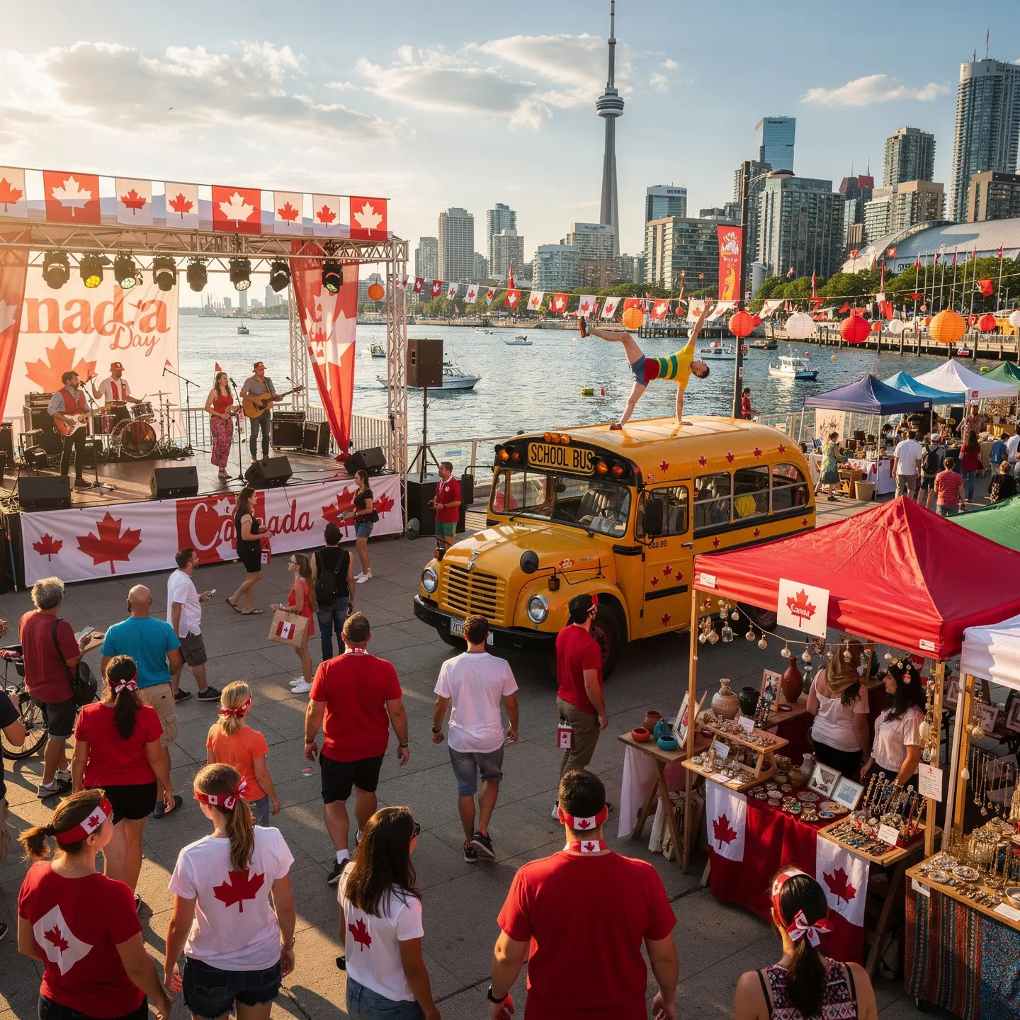 A lively Canada Day celebration by a waterfront, featuring a decorated stage with a live band performing in front of a crowd wearing red and white, many with Canadian flags. A vintage yellow school bus with someone performing a handstand on its roof stands out among various stalls selling items. The background showcases boats on the water and a city skyline with notable landmarks, completing the vibrant festival atmosphere.