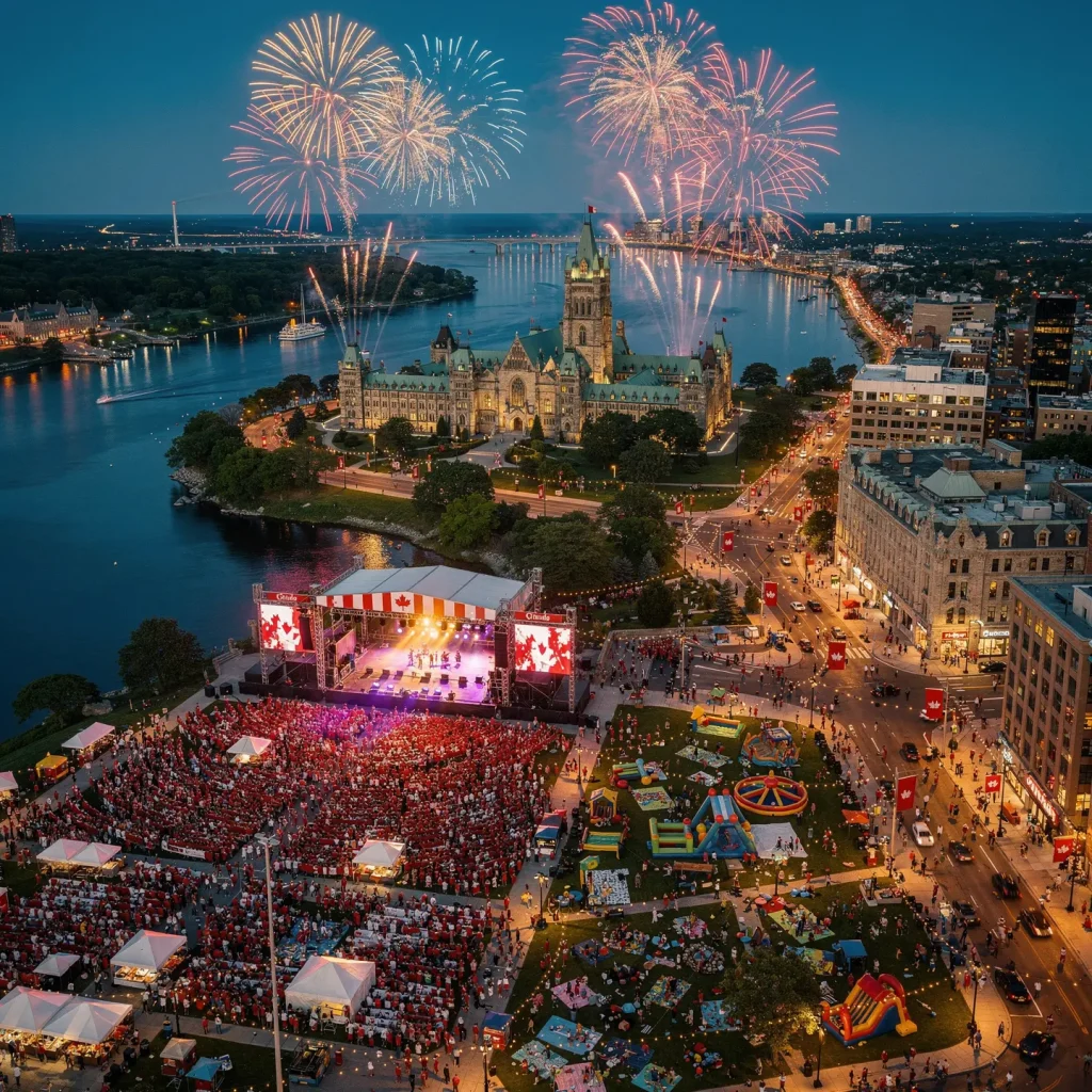 An evening festival scene with a large crowd enjoying various attractions like a stage with performances, tents, and inflatable structures. Fireworks light up the sky, adding to the festive atmosphere. A river and an illuminated historical building are visible in the background, with Canadian flags in the scene, suggesting a city celebration in Canada.