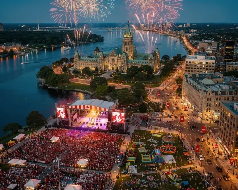 An evening festival scene with a large crowd enjoying various attractions like a stage with performances, tents, and inflatable structures. Fireworks light up the sky, adding to the festive atmosphere. A river and an illuminated historical building are visible in the background, with Canadian flags in the scene, suggesting a city celebration in Canada.