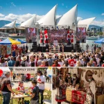 Vibrant Canada Day celebration outdoors near a waterfront, likely at Canada Place in Vancouver. A stage showcases a live performance by The Strumbellas, surrounded by Canadian flags. Crowds dressed in red and white with Canadian symbols enjoy family-friendly activities like crafts, booths displaying Indigenous arts, and cultural performances. The scene celebrates Canadian heritage with a mix of music, culture, and festivities.