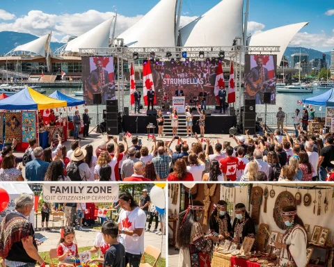 Vibrant Canada Day celebration outdoors near a waterfront, likely at Canada Place in Vancouver. A stage showcases a live performance by The Strumbellas, surrounded by Canadian flags. Crowds dressed in red and white with Canadian symbols enjoy family-friendly activities like crafts, booths displaying Indigenous arts, and cultural performances. The scene celebrates Canadian heritage with a mix of music, culture, and festivities.