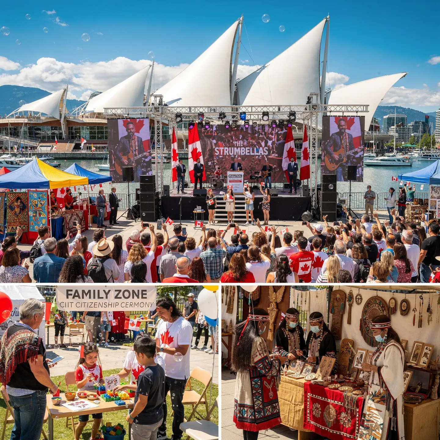 Vibrant Canada Day celebration outdoors near a waterfront, likely at Canada Place in Vancouver. A stage showcases a live performance by The Strumbellas, surrounded by Canadian flags. Crowds dressed in red and white with Canadian symbols enjoy family-friendly activities like crafts, booths displaying Indigenous arts, and cultural performances. The scene celebrates Canadian heritage with a mix of music, culture, and festivities.