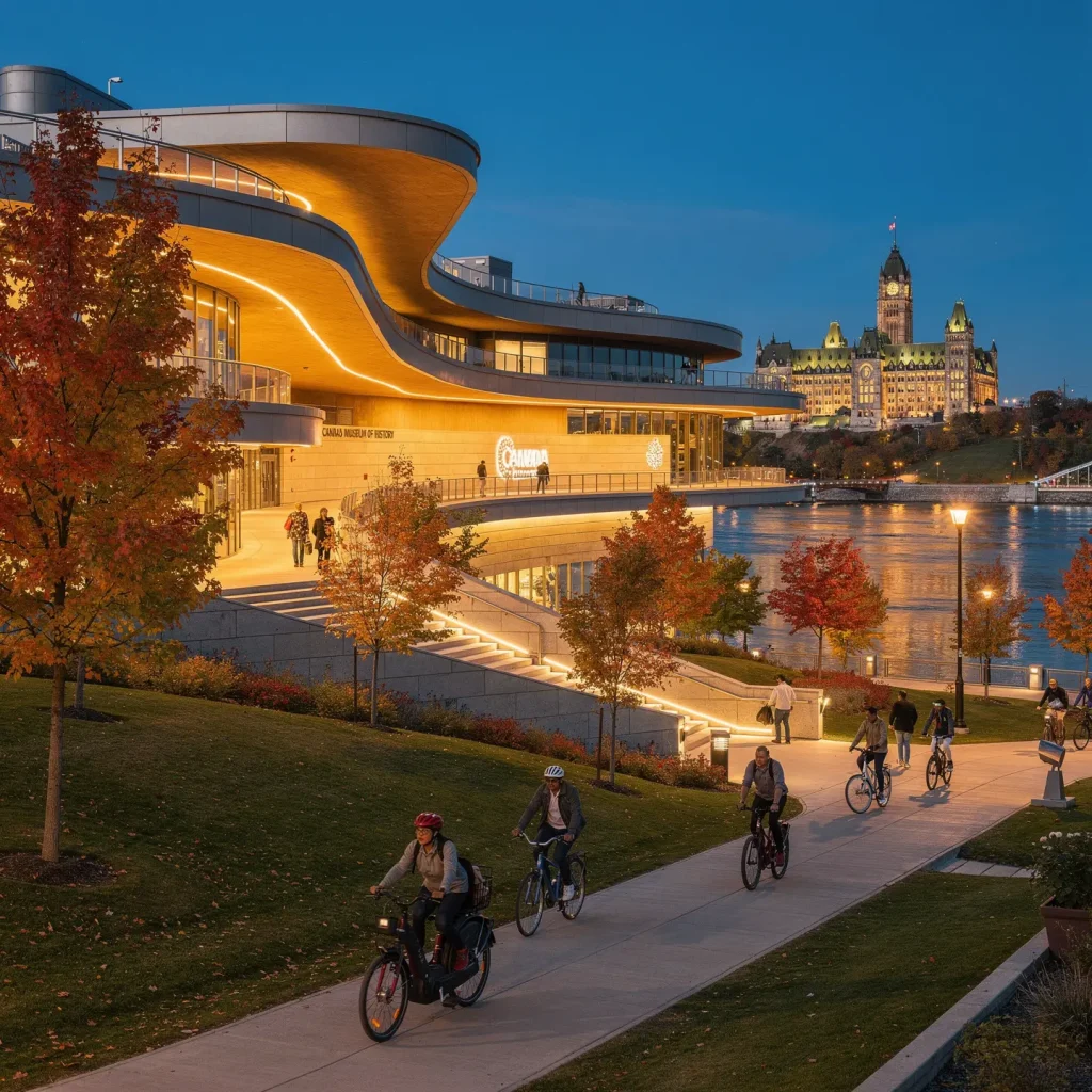 The Canada Museum of History, featuring its modern, curvy architectural design, is illuminated in the evening light and surrounded by vibrant autumn foliage. People are walking and cycling along a nearby path, with a river in the background. Across the river, a historic, ornate building is beautifully lit up.