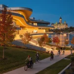 The Canada Museum of History, featuring its modern, curvy architectural design, is illuminated in the evening light and surrounded by vibrant autumn foliage. People are walking and cycling along a nearby path, with a river in the background. Across the river, a historic, ornate building is beautifully lit up.