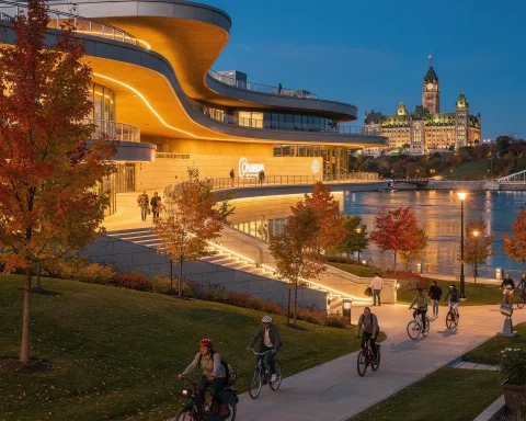 The Canada Museum of History, featuring its modern, curvy architectural design, is illuminated in the evening light and surrounded by vibrant autumn foliage. People are walking and cycling along a nearby path, with a river in the background. Across the river, a historic, ornate building is beautifully lit up.