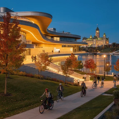 The Canada Museum of History, featuring its modern, curvy architectural design, is illuminated in the evening light and surrounded by vibrant autumn foliage. People are walking and cycling along a nearby path, with a river in the background. Across the river, a historic, ornate building is beautifully lit up.