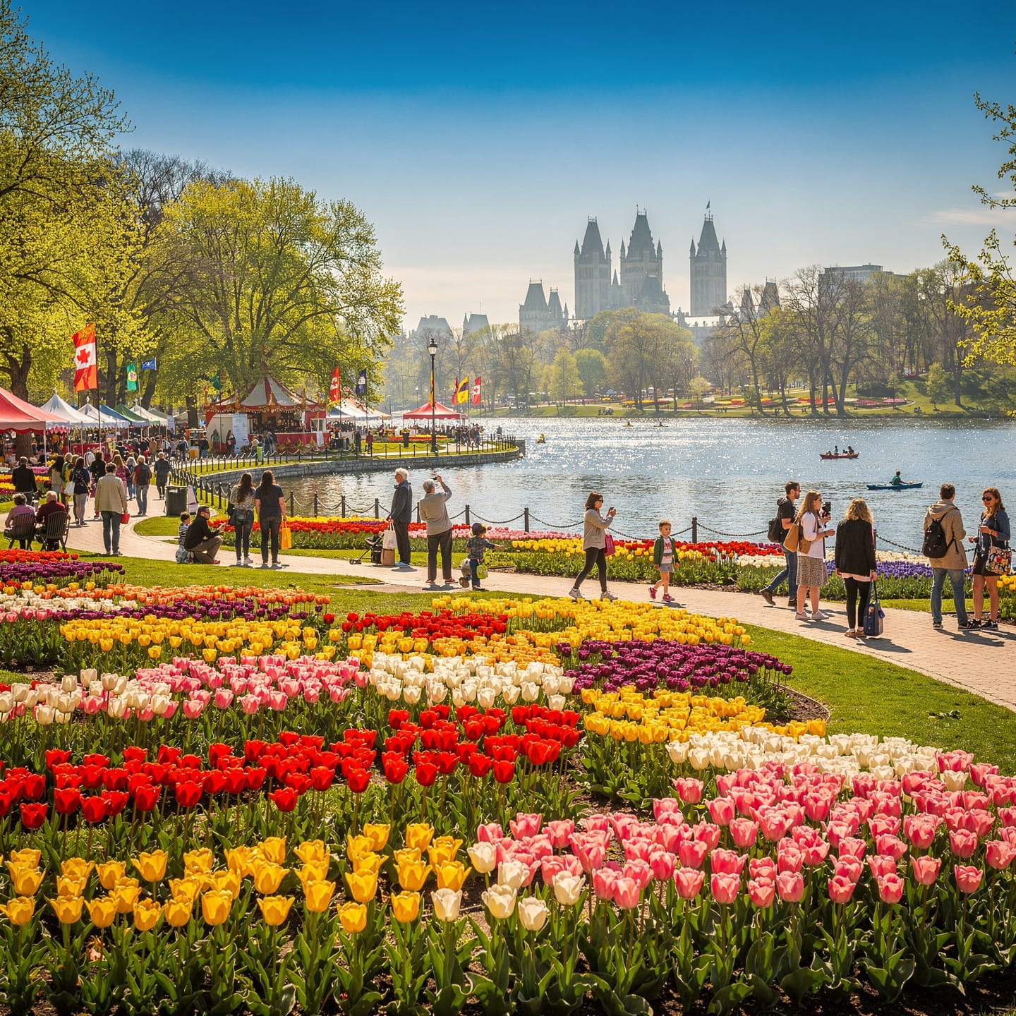 A vibrant park scene featuring colorful tulip flower beds in red, yellow, pink, white, and purple hues. People walk along a path beside the flowers, enjoying the festive atmosphere. A body of water in the background has kayakers and canoers, with trees and a skyline of historic-looking buildings visible beyond. Flags and tents contribute to the celebratory vibe, suggesting a festival or event is taking place.