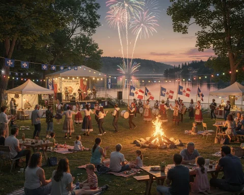 An outdoor celebration by a lakeside park featuring people dancing, eating, and enjoying a performance on stage. The setting is festive with a bonfire, picnic setups, flags, and strings of lights. Fireworks illuminate the evening sky while banners with a blue and white cross motif add to the decorations.