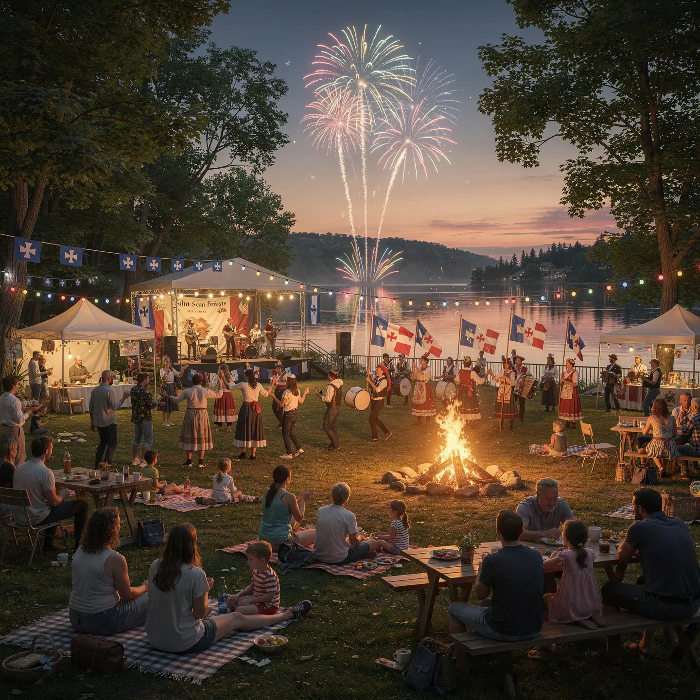 An outdoor celebration by a lakeside park featuring people dancing, eating, and enjoying a performance on stage. The setting is festive with a bonfire, picnic setups, flags, and strings of lights. Fireworks illuminate the evening sky while banners with a blue and white cross motif add to the decorations.