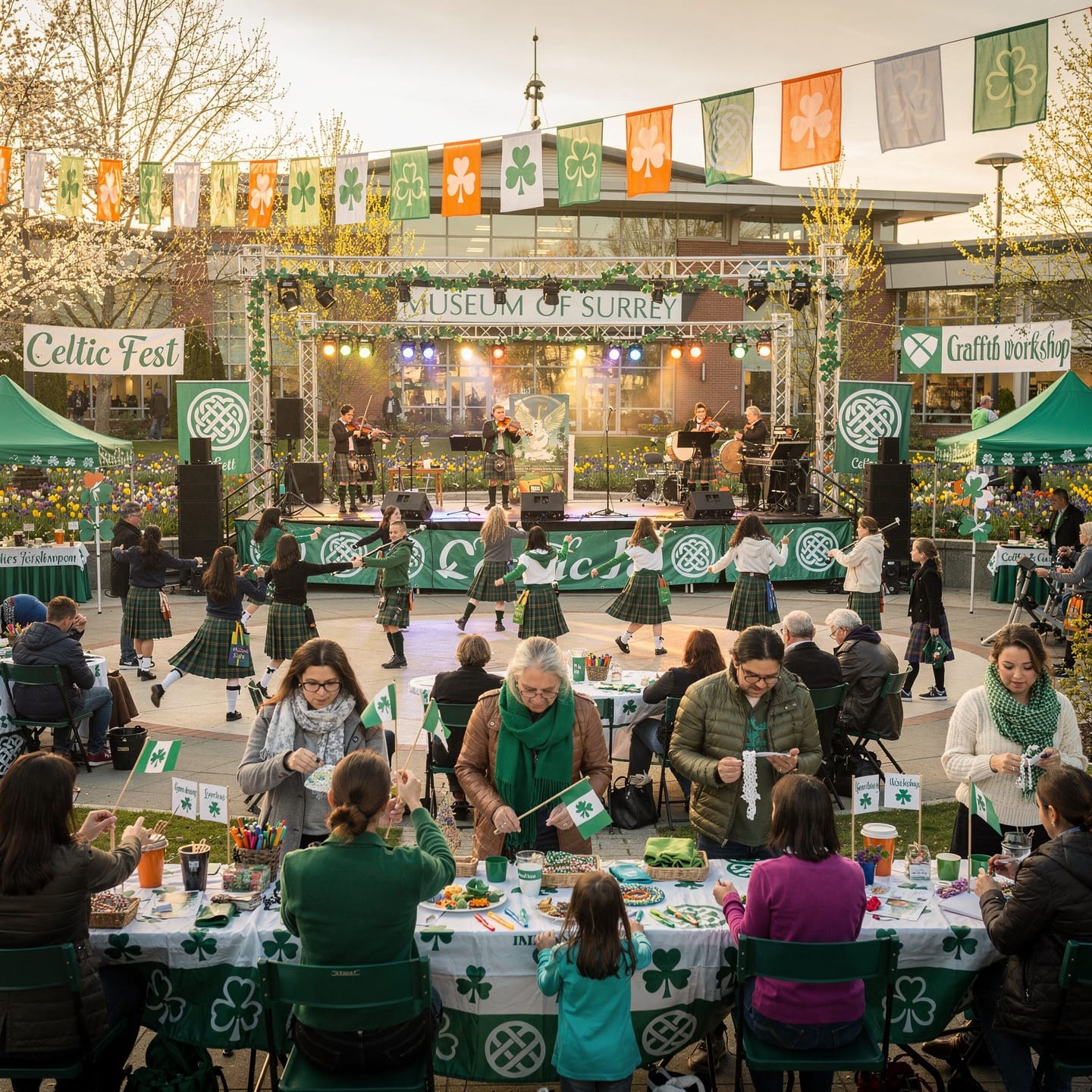 A lively outdoor St. Patrick's Day event with a Celtic theme at the Museum of Surrey. Musicians perform on a stage while people in traditional attire, including kilts, dance in front. Attendees sit at tables adorned with shamrock-themed decorations, engaging in crafts and enjoying the festive atmosphere. String lights and banners add to the colorful celebration.