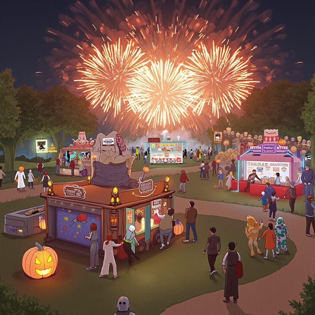 A festive outdoor nighttime event featuring colorful fireworks in the sky, a bustling crowd, and several stalls offering goods and food. Some stalls are decorated with Halloween-themed items like pumpkins and costumes, creating a vibrant and celebratory atmosphere.