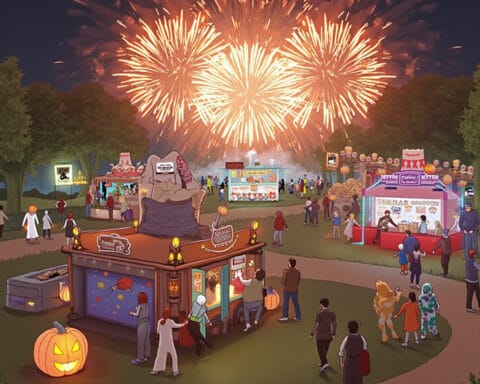 A festive outdoor nighttime event featuring colorful fireworks in the sky, a bustling crowd, and several stalls offering goods and food. Some stalls are decorated with Halloween-themed items like pumpkins and costumes, creating a vibrant and celebratory atmosphere.