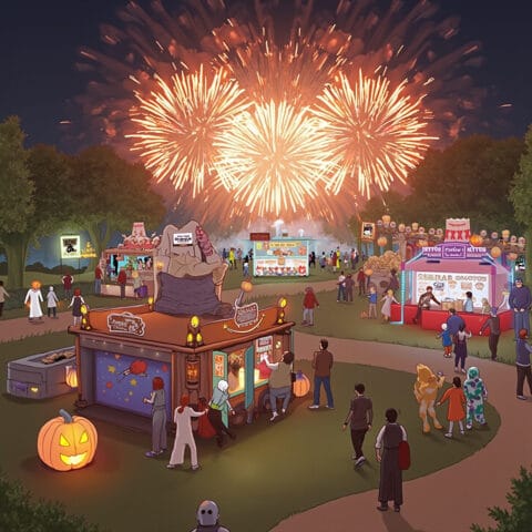 A festive outdoor nighttime event featuring colorful fireworks in the sky, a bustling crowd, and several stalls offering goods and food. Some stalls are decorated with Halloween-themed items like pumpkins and costumes, creating a vibrant and celebratory atmosphere.